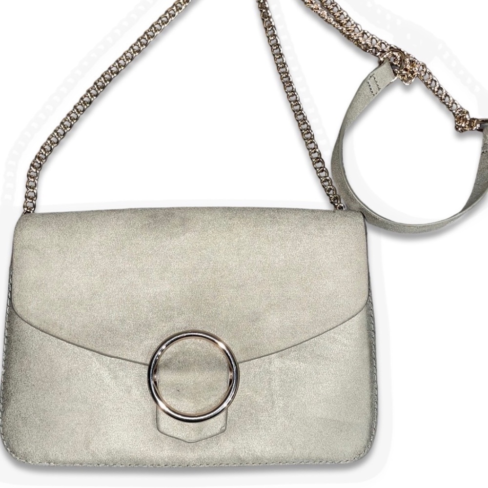 MINK GREY FAUX SUEDE CHAIN STRAP CLUTCH